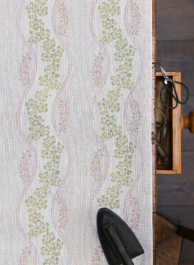Sienna Daisies Limeleaf and Mulberry Pink on Stone Linen