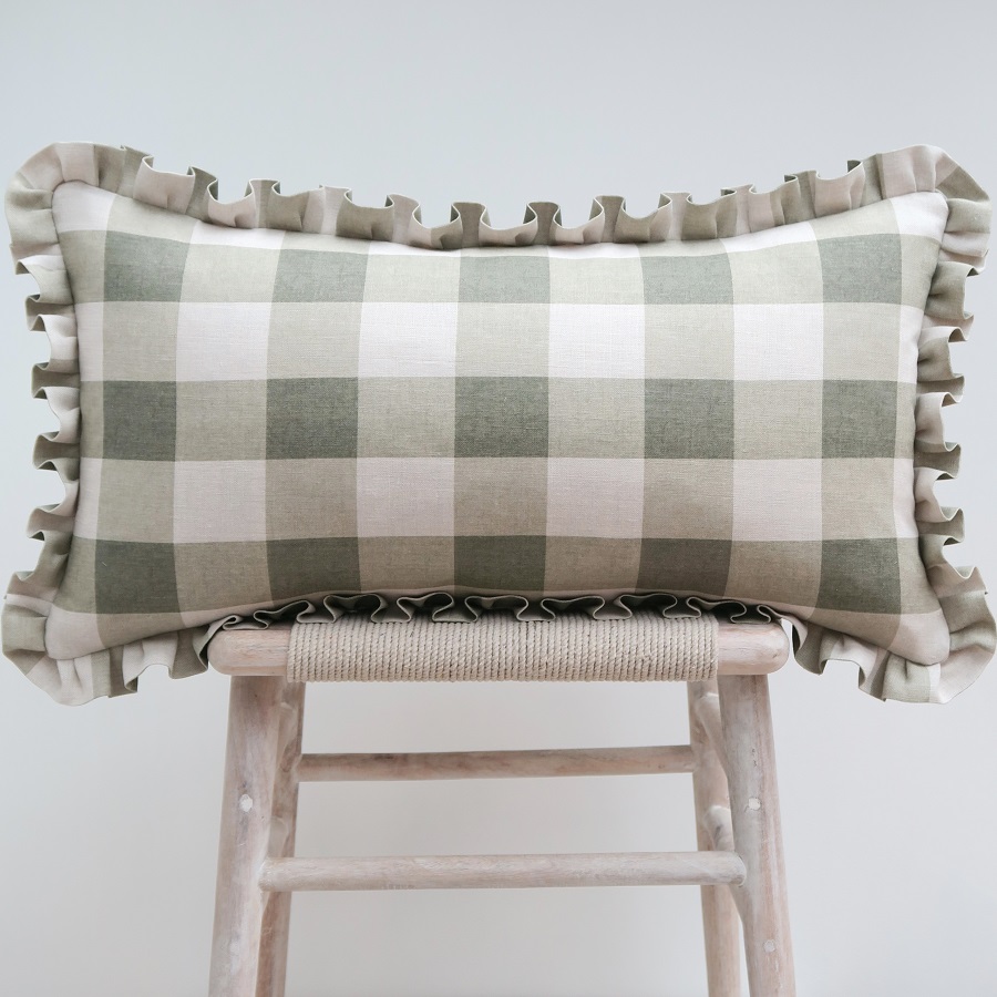 Large Check Forest Green on Stone Linen Frill Cushion £144.00