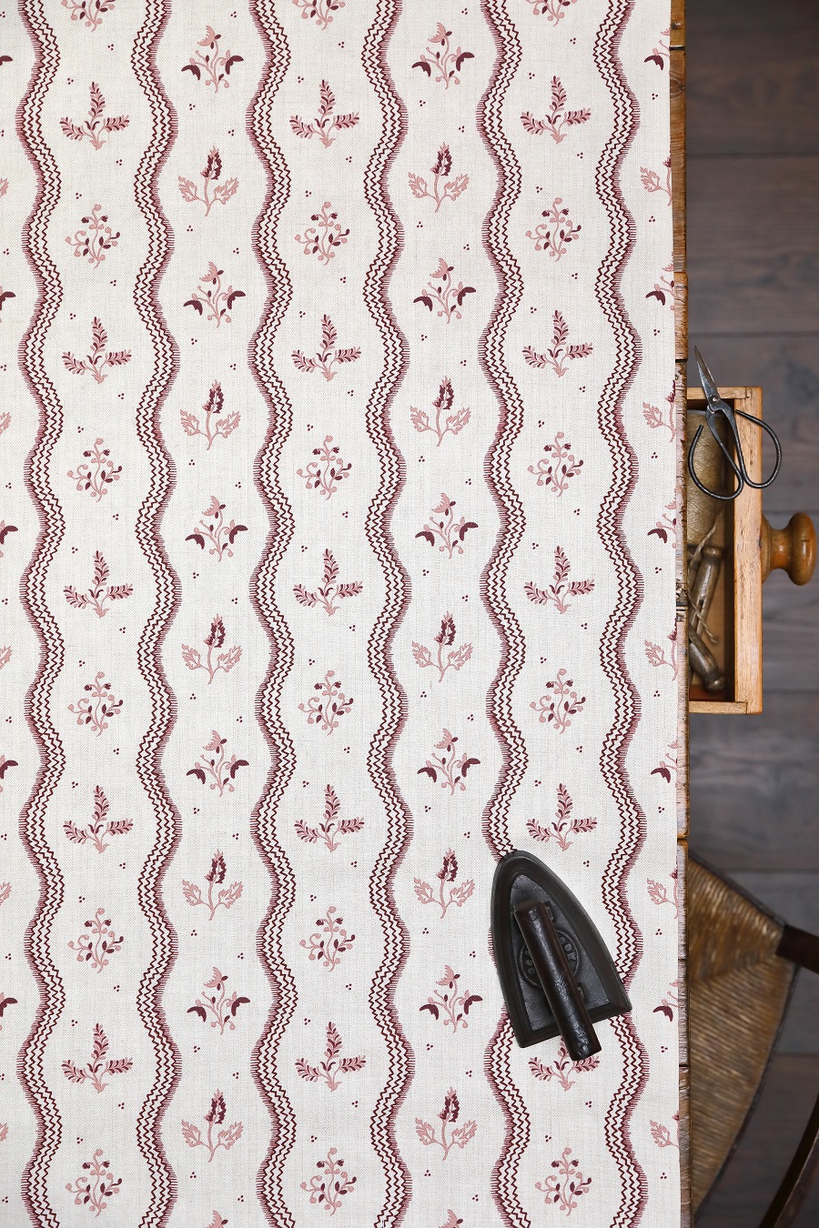 Zaggie Burgundy + Pink on Cream Herringbone Linen