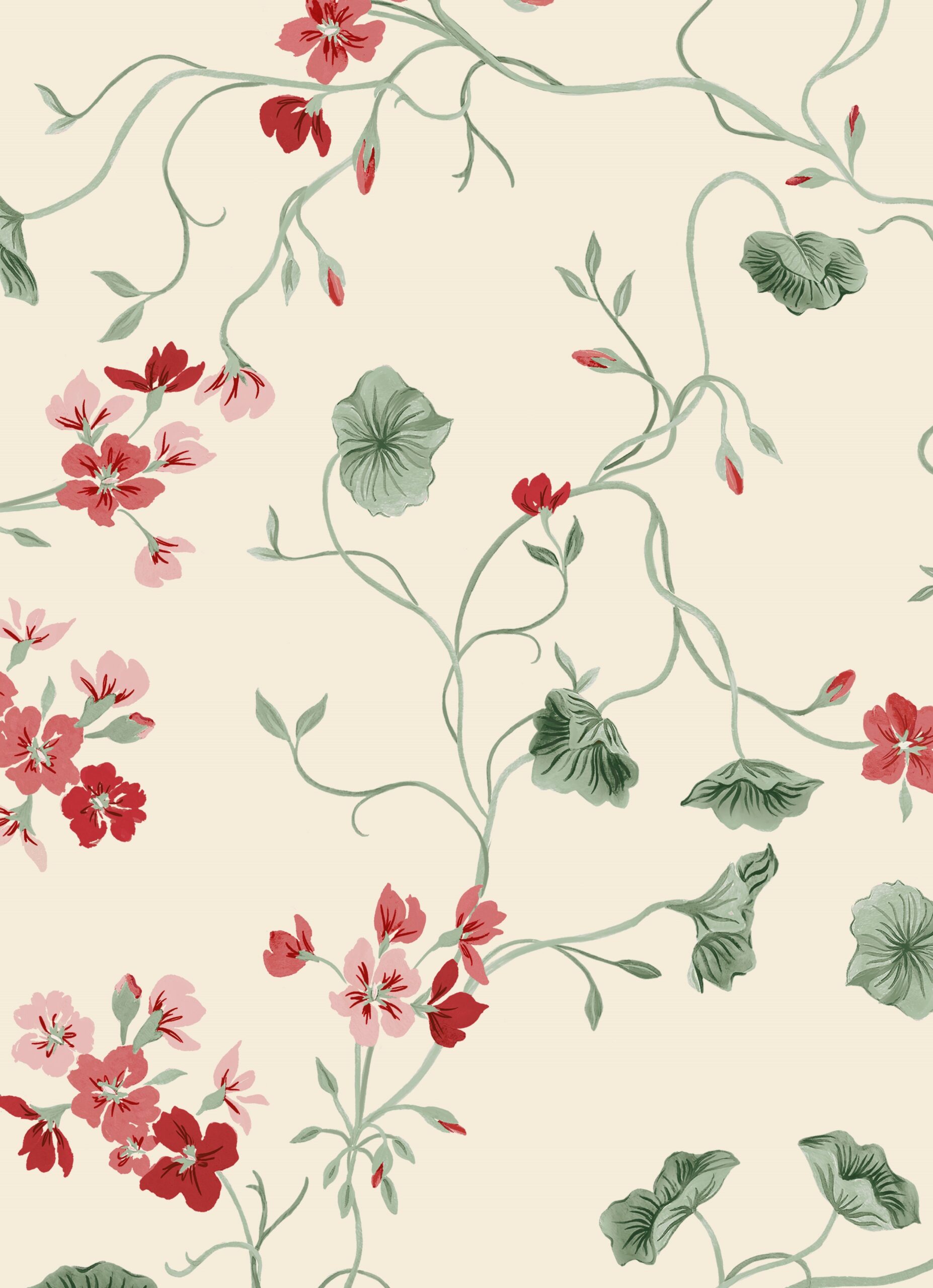 Geranium Vine Wallpaper Cherry Reds + Pink