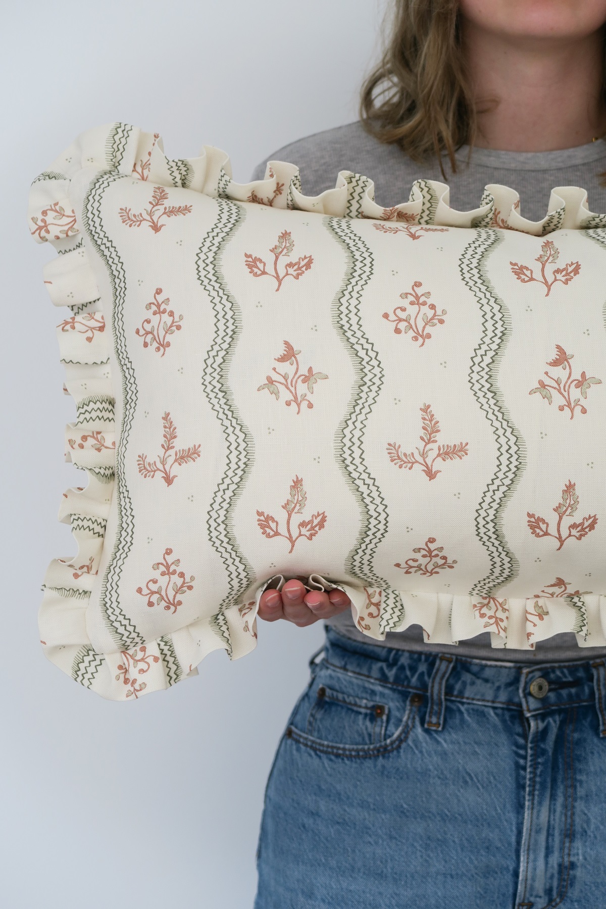 Zaggie Olive + Terracotta on Ivory Linen Frilled Cushions £144.00 - Image 2