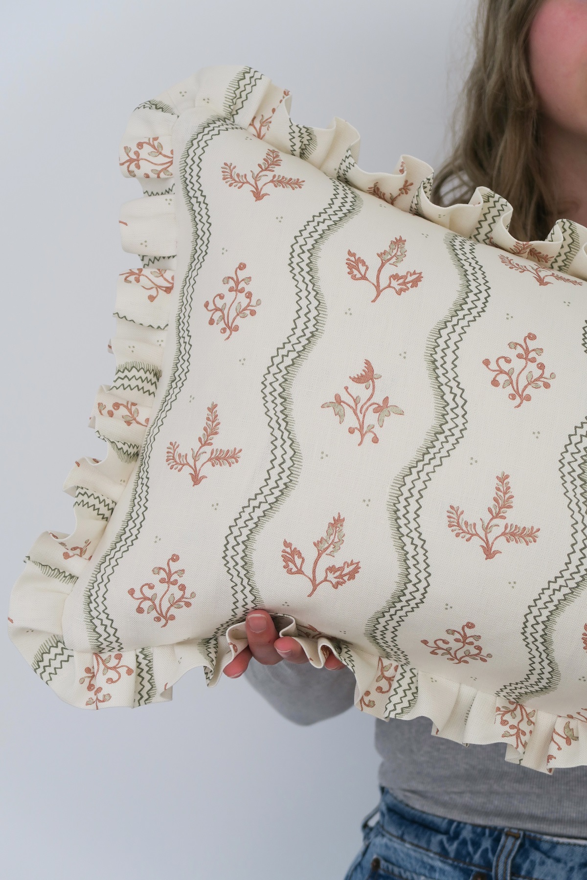 Zaggie Olive + Terracotta on Ivory Linen Frilled Cushions £144.00 - Image 3