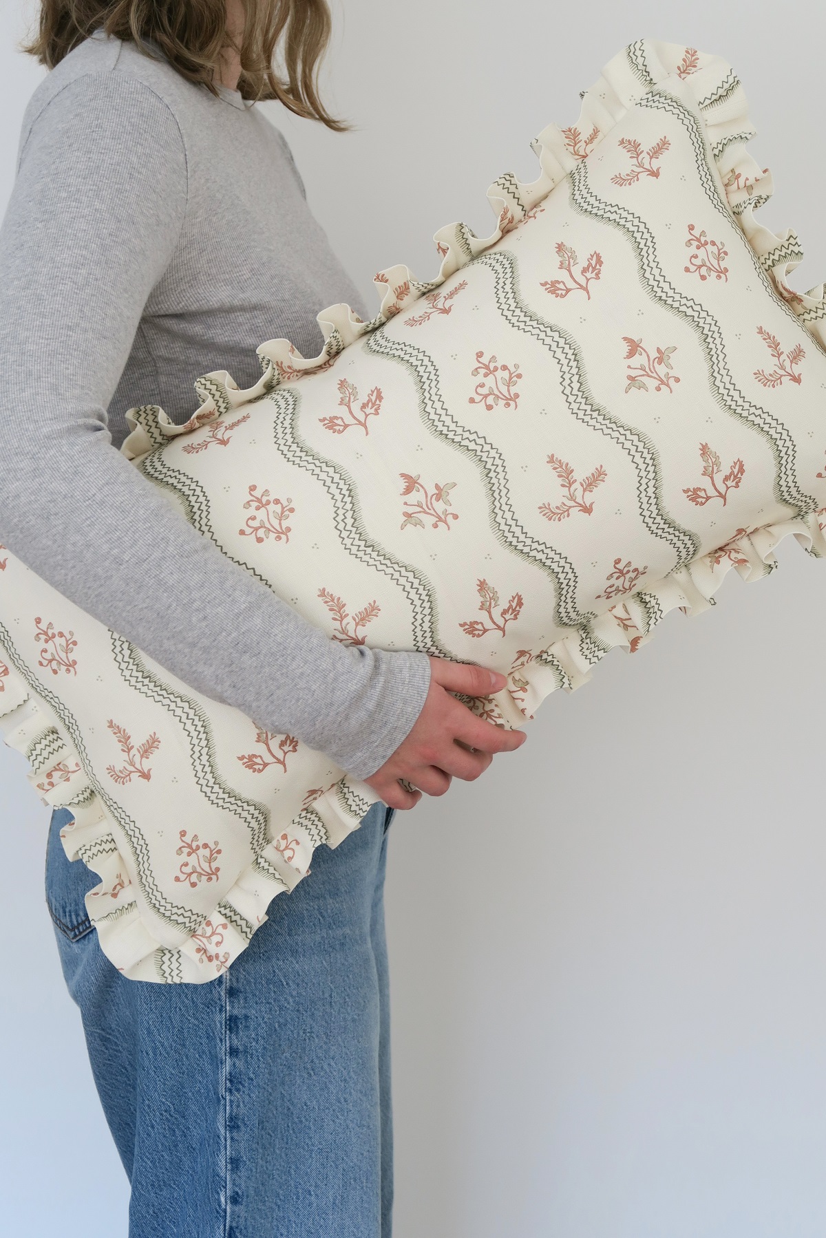 Zaggie Olive + Terracotta on Ivory Linen Frilled Cushions £144.00 - Image 4