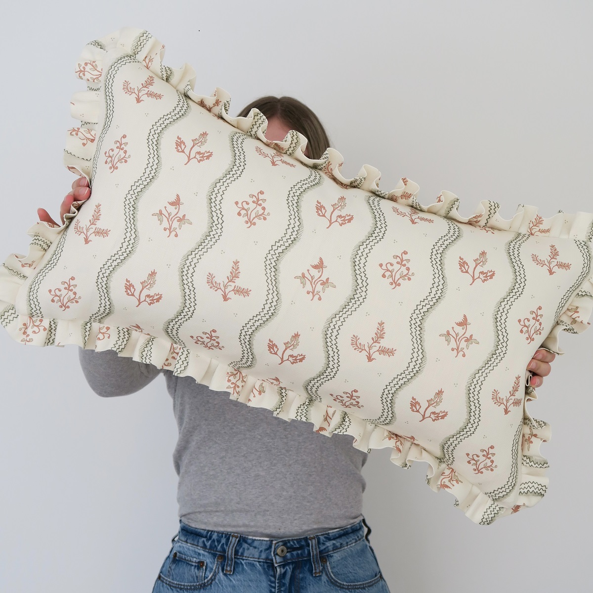 Zaggie Olive + Terracotta on Ivory Linen Frilled Cushions £144.00 - Image 5