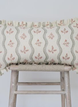 Zaggie Olive + Terracotta on Ivory Linen Frilled Cushions £144.00