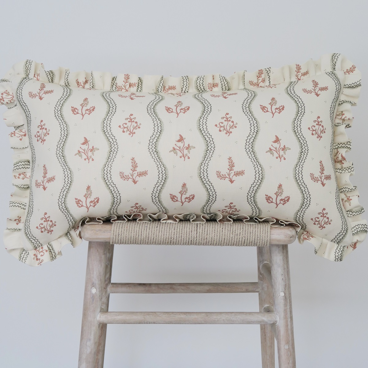 Zaggie Olive + Terracotta on Ivory Linen Frilled Cushions £144.00