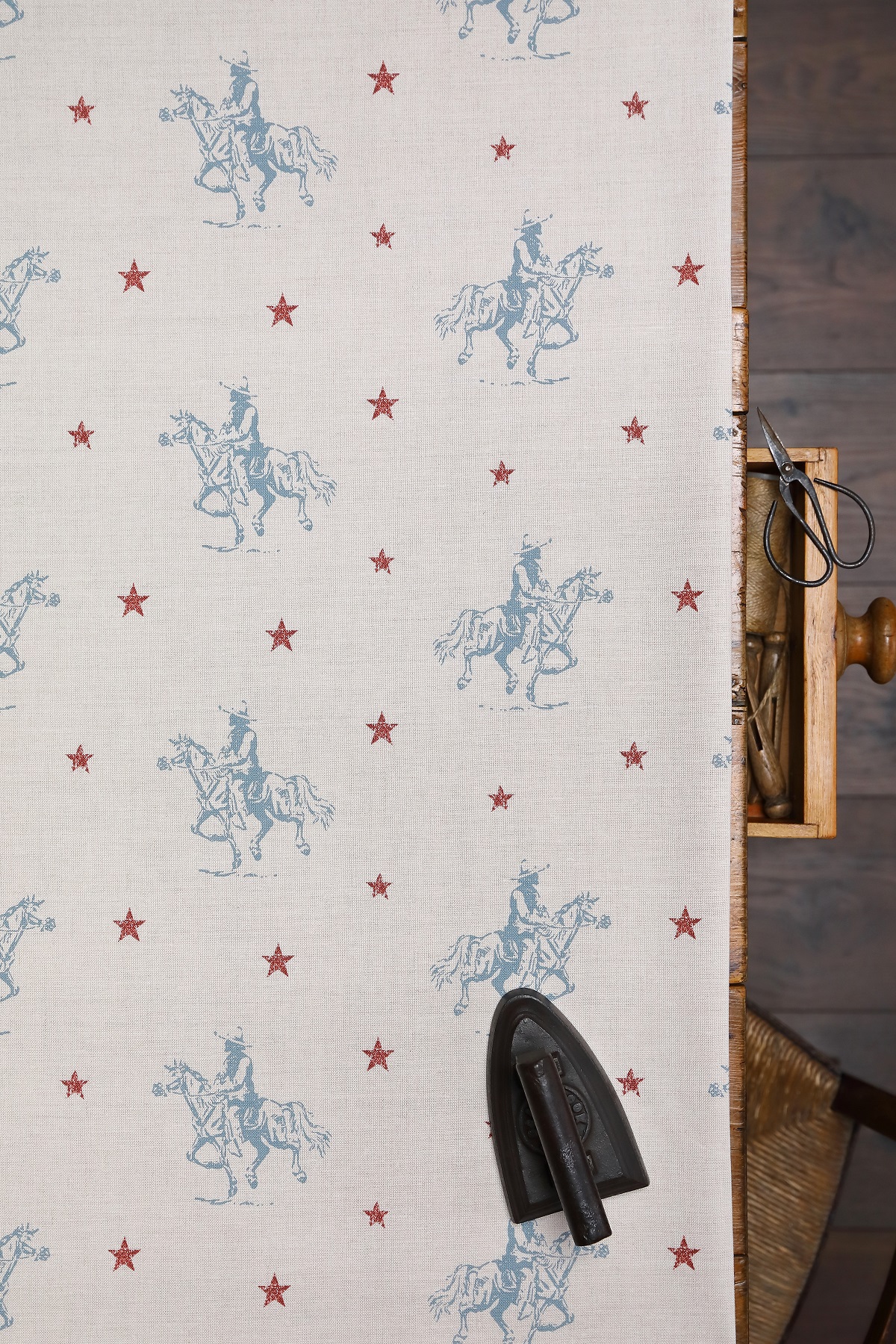 Large Vintage Cowboys ~ Salcombe Blue and Red on Cream or White Linen Union