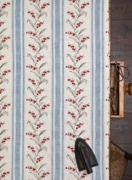 Genevieve Blue + Cranberry on Double Cream Linen