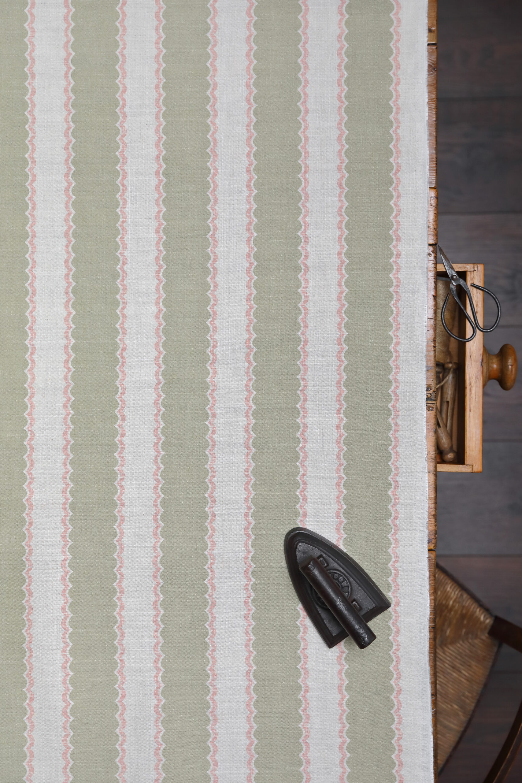 Folie Stripe Main Stripe Olive With Sand Pink Scallop on Stone Linen