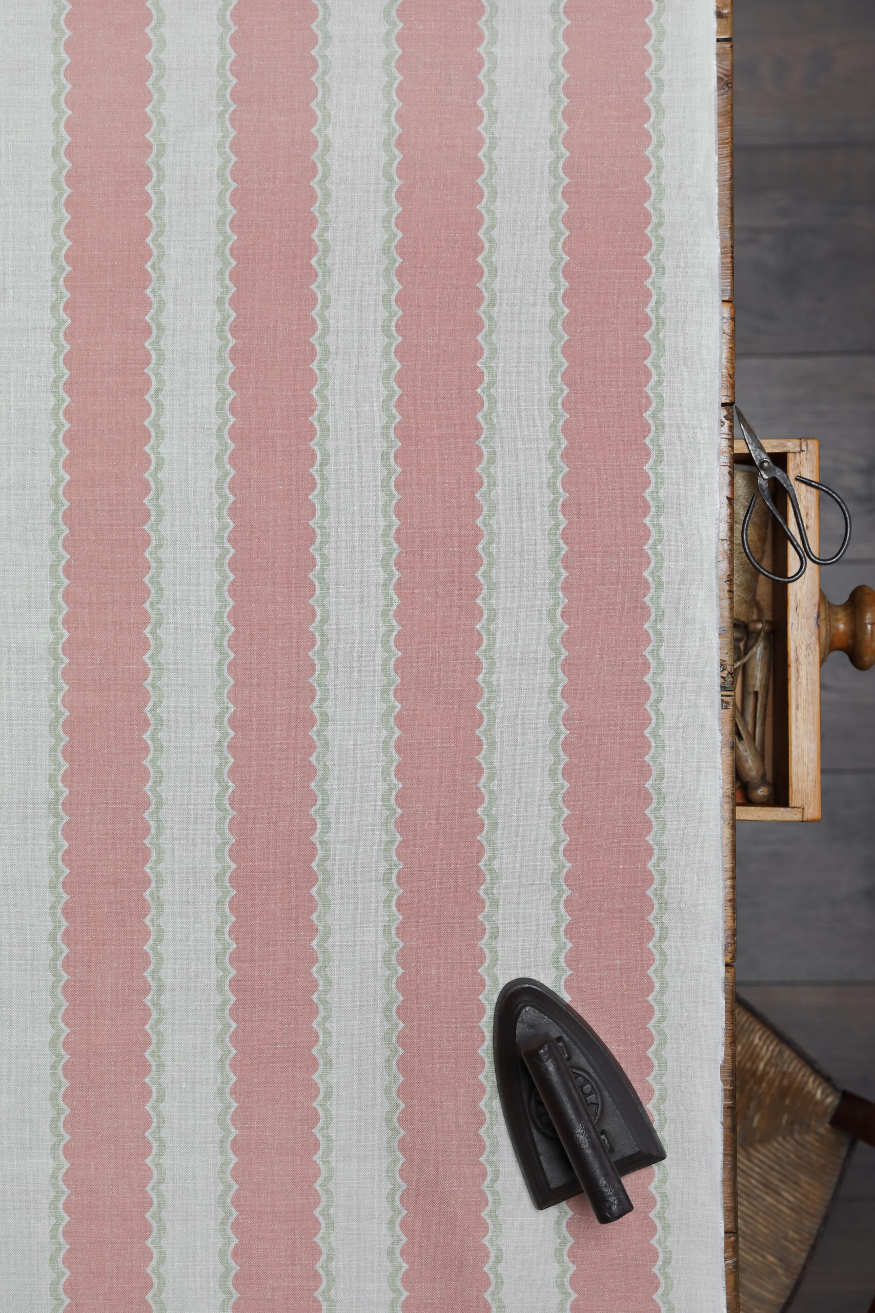 Folie Stripe Main Stripe Sand Pink with Olive Scallop on Stone Linen