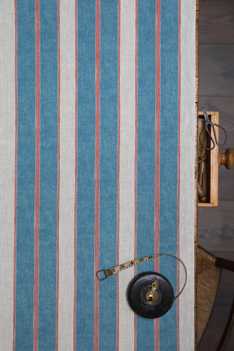Noah's Stripe ~ Blue Jean and Red on Dune Linen