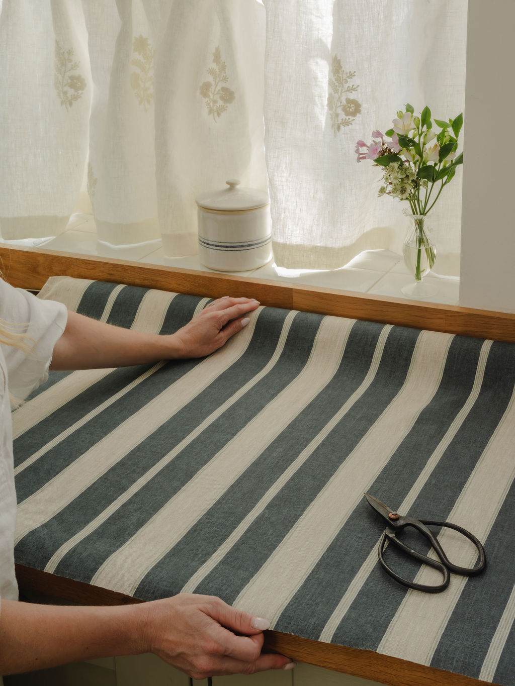 Noah's Stripe ~ Mussel and Parma Blue on Dune Linen - Image 4