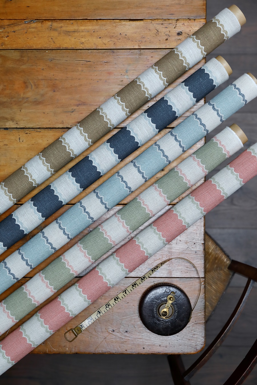 Folie Stripe Main Stripe Olive With Sand Pink Scallop on Stone Linen - Image 2