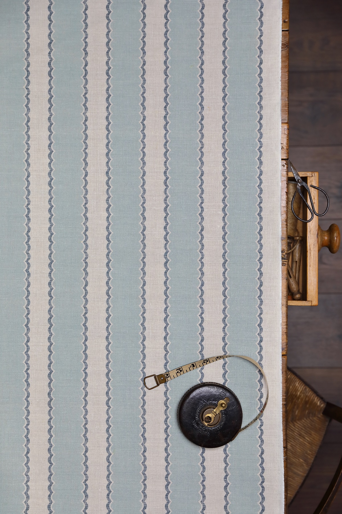 Folie Stripe Main Stripe Parma Blue with Mussel Scallop on Stone Linen
