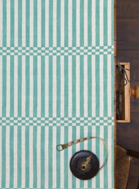 Hopskotch Stripe Vibrant Teal on Stone Linen {Also available as just a stripe no checkerboard}