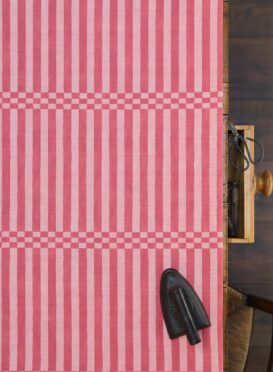 Hopskotch Stripe Raspberry Ripple on Stone Linen {Also available as just a stripe no checkerboard}