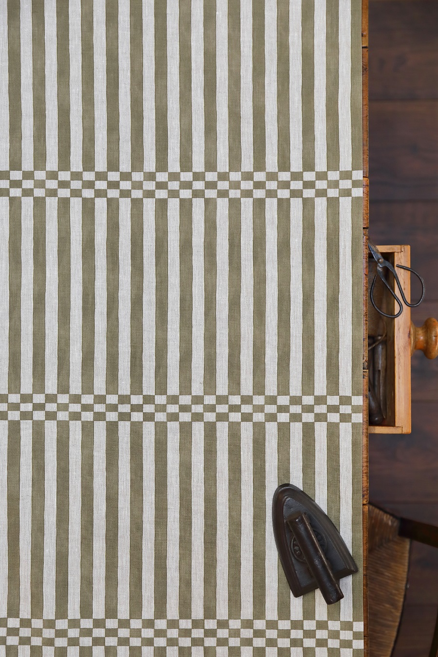 Hopskotch Stripe Olive on Dune Linen {Also available as just a stripe no checkerboard}