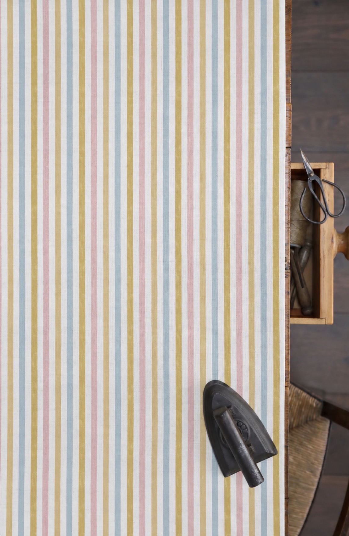 Punch and Judy Multi, Sand Pink, Double Hay + Blue on Chunky White Linen