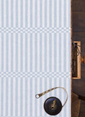 Hopskotch Stripe Lighthouse Blue on New White Linen {Also available as just a stripe no checkerboard}