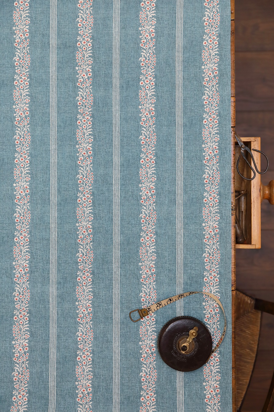 Noah's Trellis Blue Jean and Red on Dune Linen