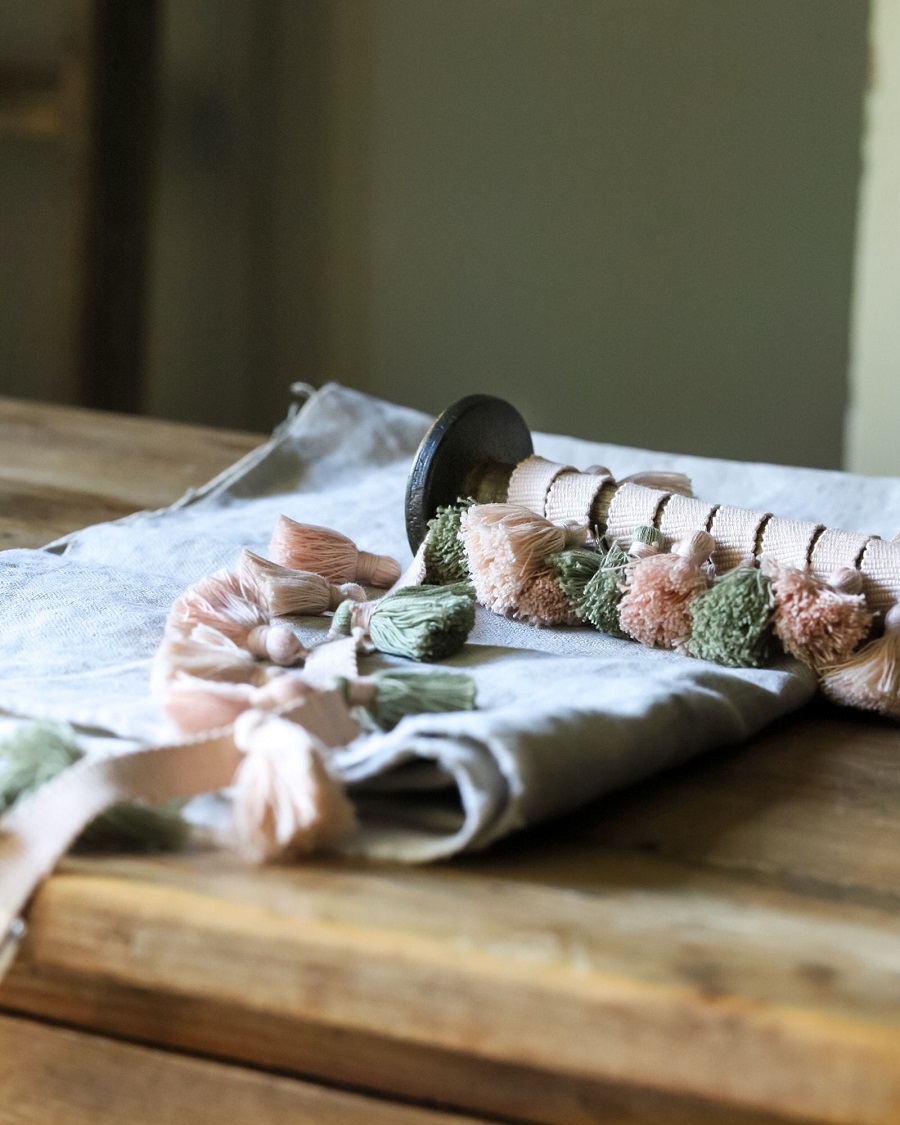 Tassle Light + Dark Sand Pink and Olive Trim £19.00 per metre