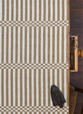Hopskotch Stripe Tabac (Print name wheat) on Dune Linen {Also available as just a stripe no checkerboard}