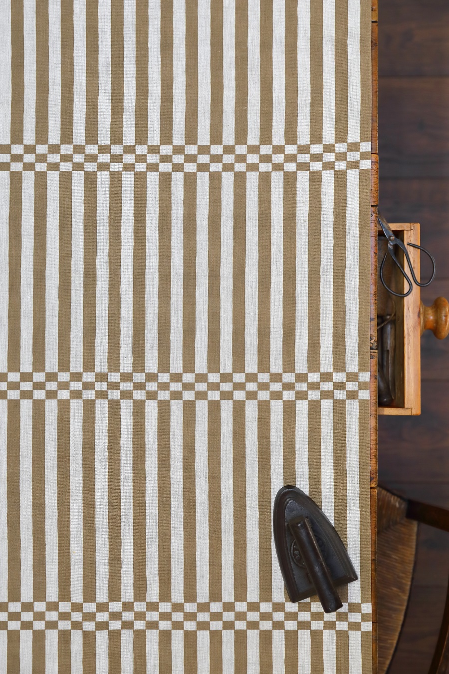 Hopskotch Stripe Tabac (Print name wheat) on Dune Linen {Also available as just a stripe no checkerboard}